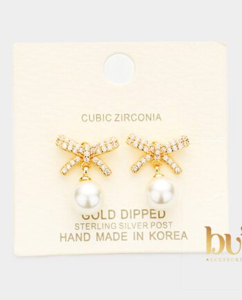 Cubic Zirconia Bow Pearl Dangle Earrings