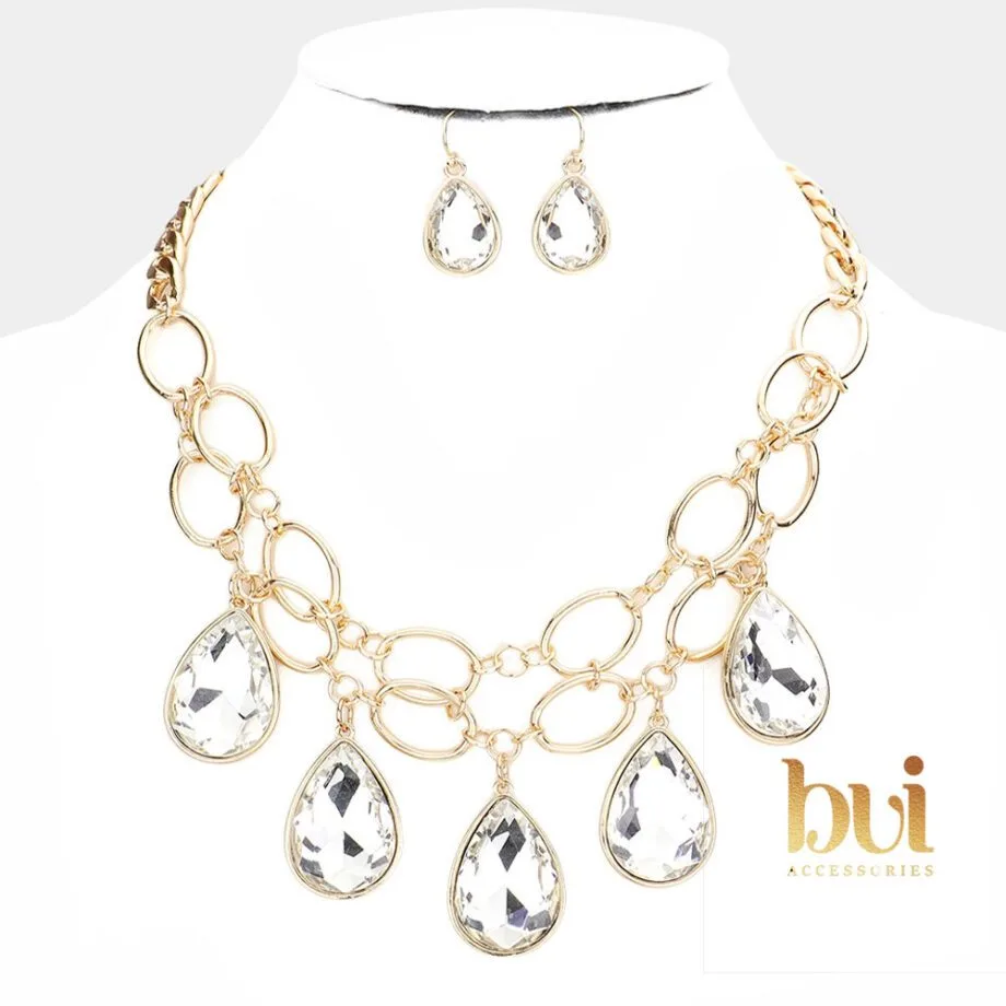 Teardrop Stone Accented Open Metal Oval Link Evening Necklace