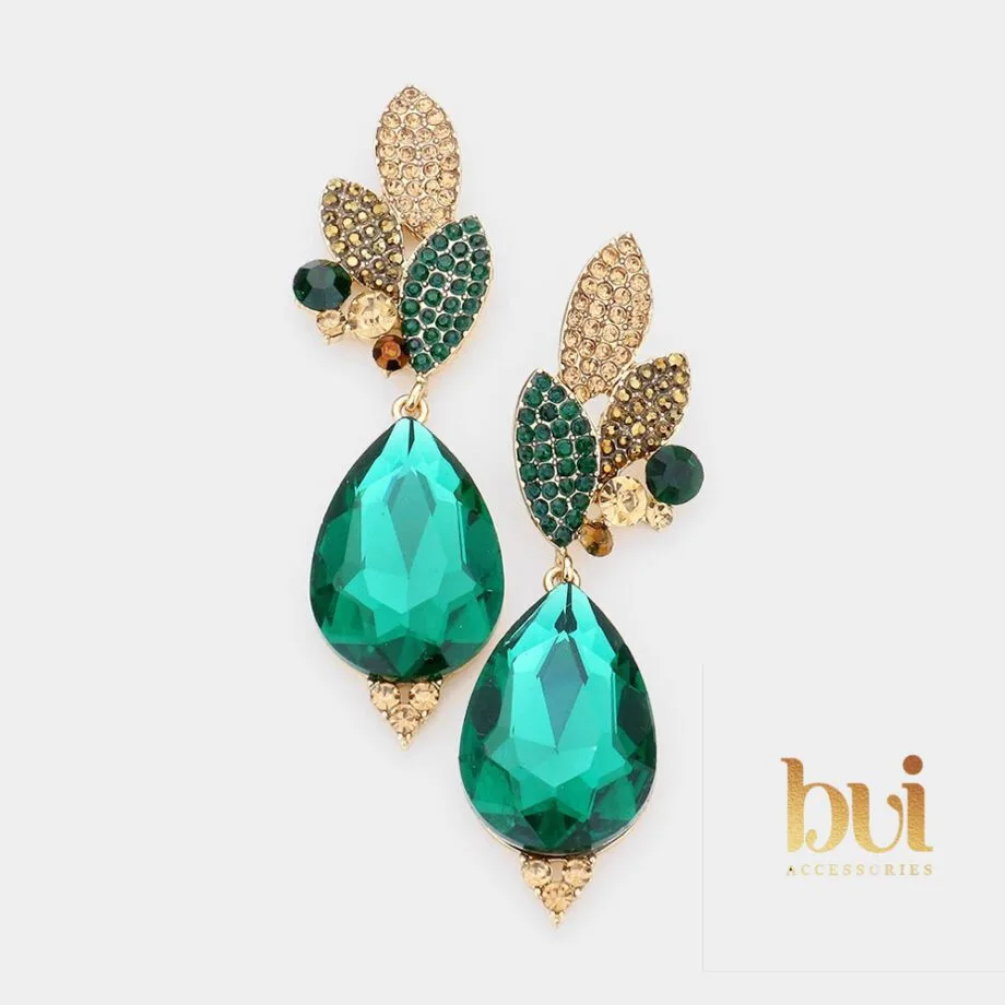 Cindy Rhinestone Pave Leaf Teardrop Evening Earrings