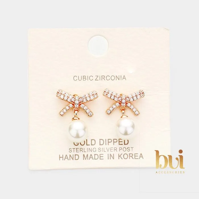 Gold Dipped Cubic Zirconia Bow Pearl Dangle Earrings
