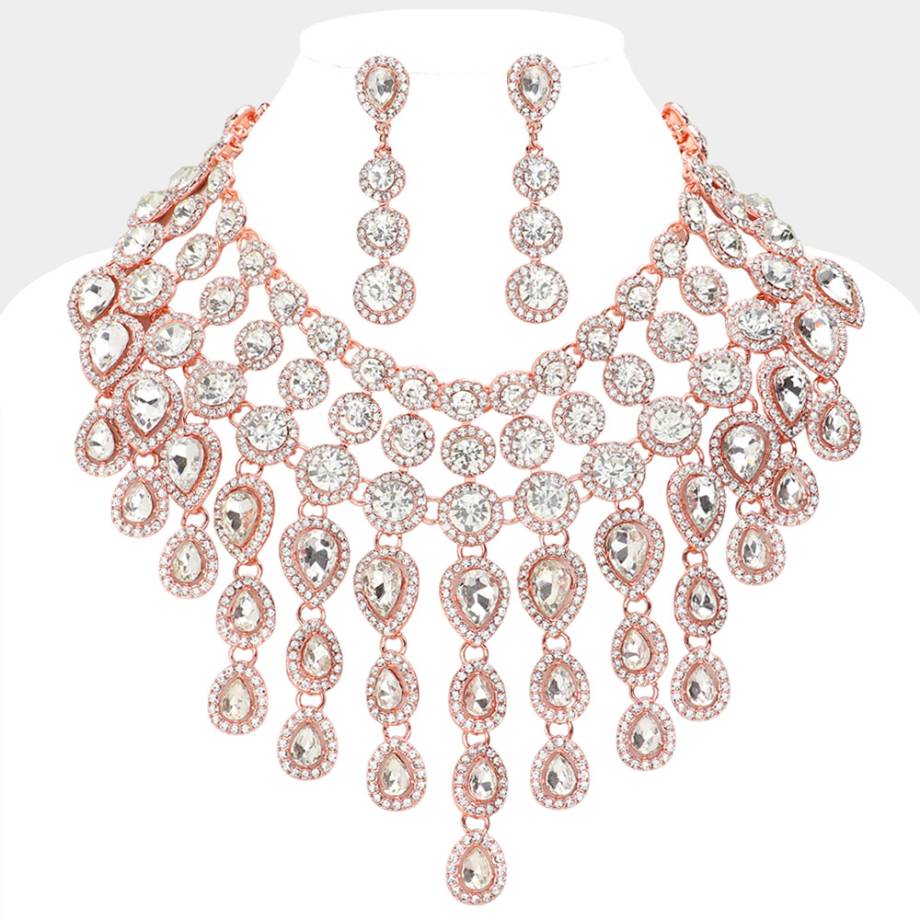 Round Teardrop Stone Cluster Evening Bib Necklace