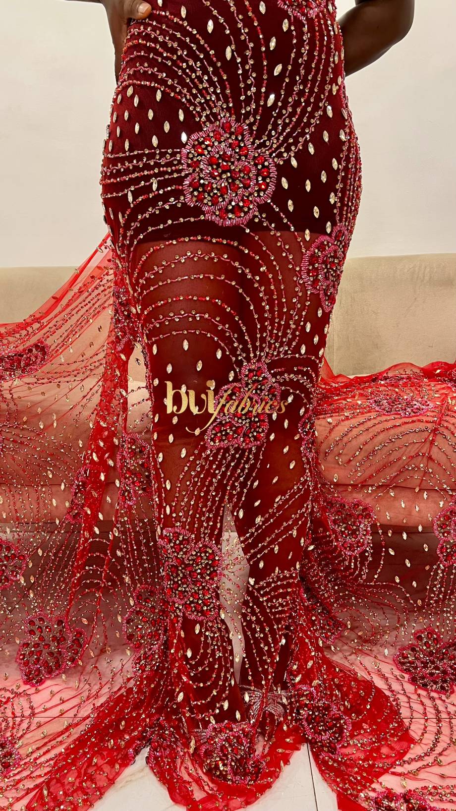 Scarlet Beaded Crystal Tulle