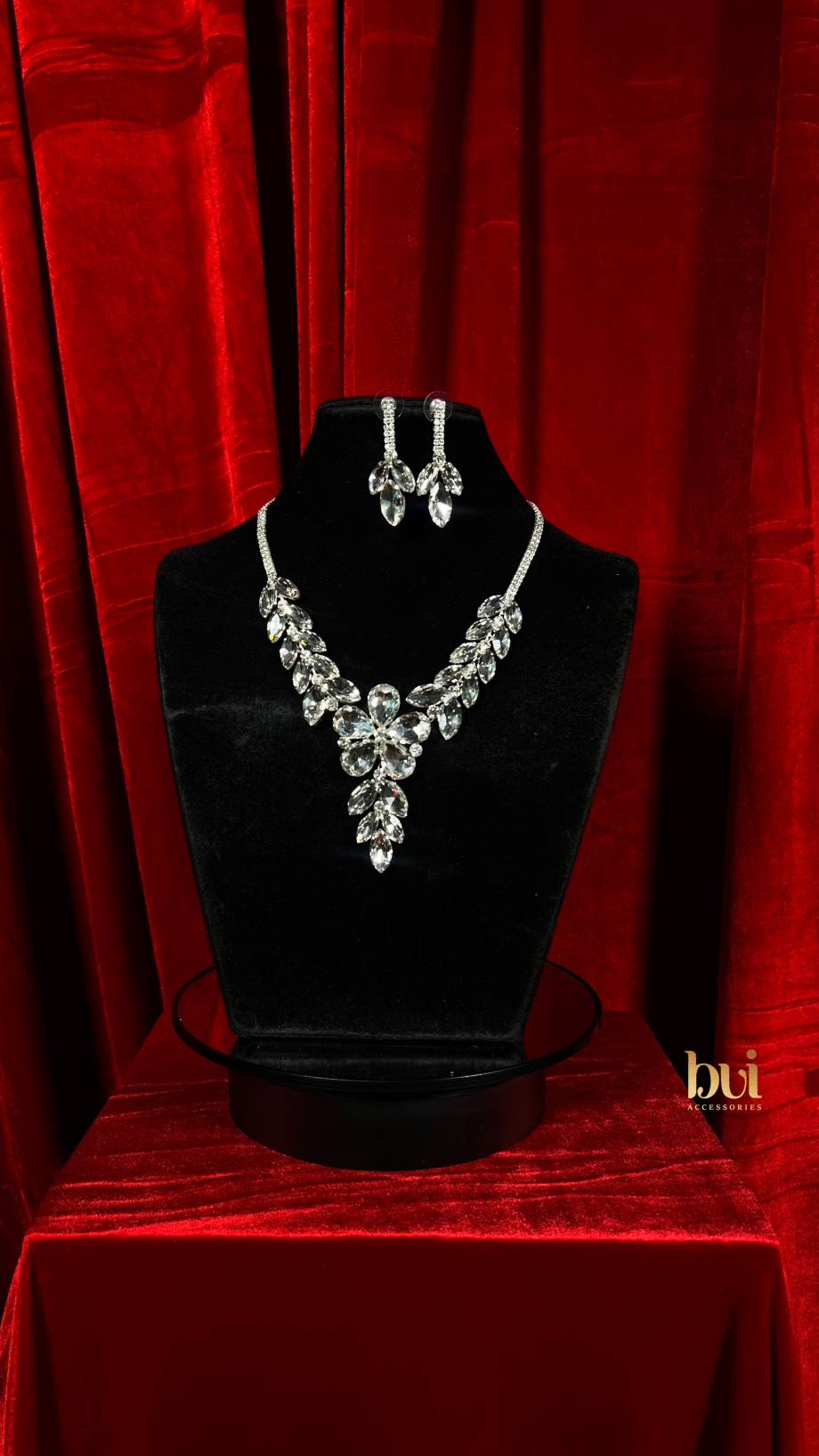 Flower Accented Marquise Stone Cluster Evening Necklace